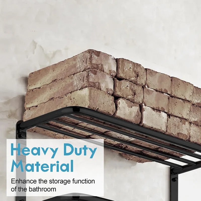 Matte Black 2-Tier Towel Rack | 24'' Wall-Mounted Bathroom Towel Shelf With Bar & 5 Hooks | Rust-Proof Stainless Steel Towel Hanger & Organizer | Space-Saving Storage