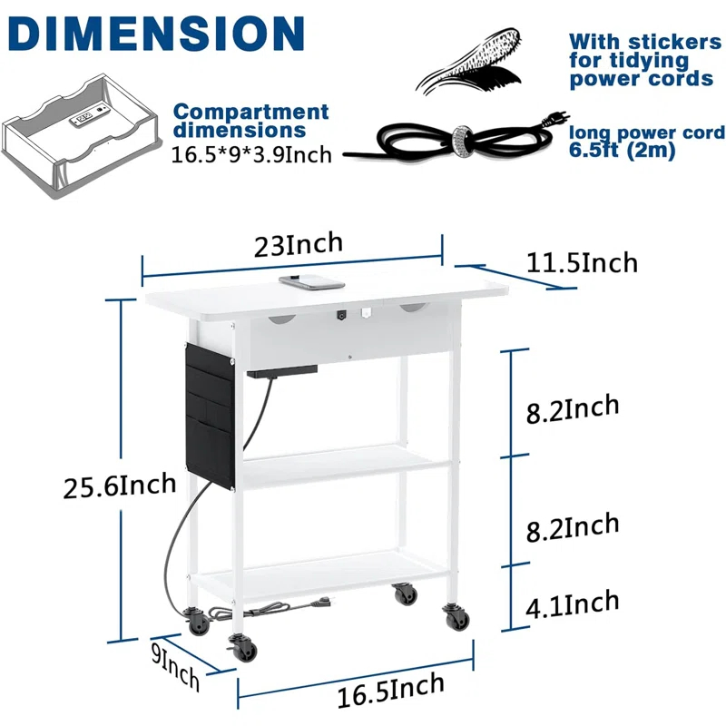 Slim Side Table With Wheels, USB Ports And Outlets, Rolling Narrow End Table With Charging Station And Bag, Flip Top Nightstand With Hidden Storage Shelves For Living Room Bedroom Small Spaces