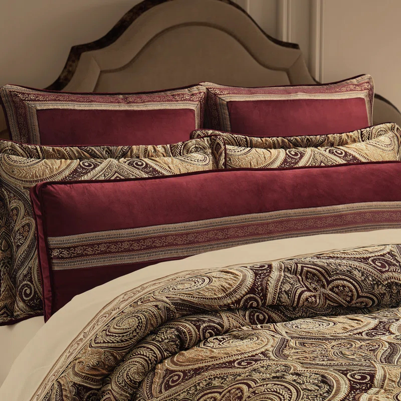 Crimson and Gold Velvet Bolster Decorative Throw Pillow