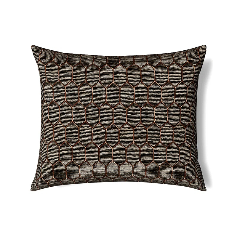 Amber and Taupe Embroidered Linen Cotton Rectangular Pillow