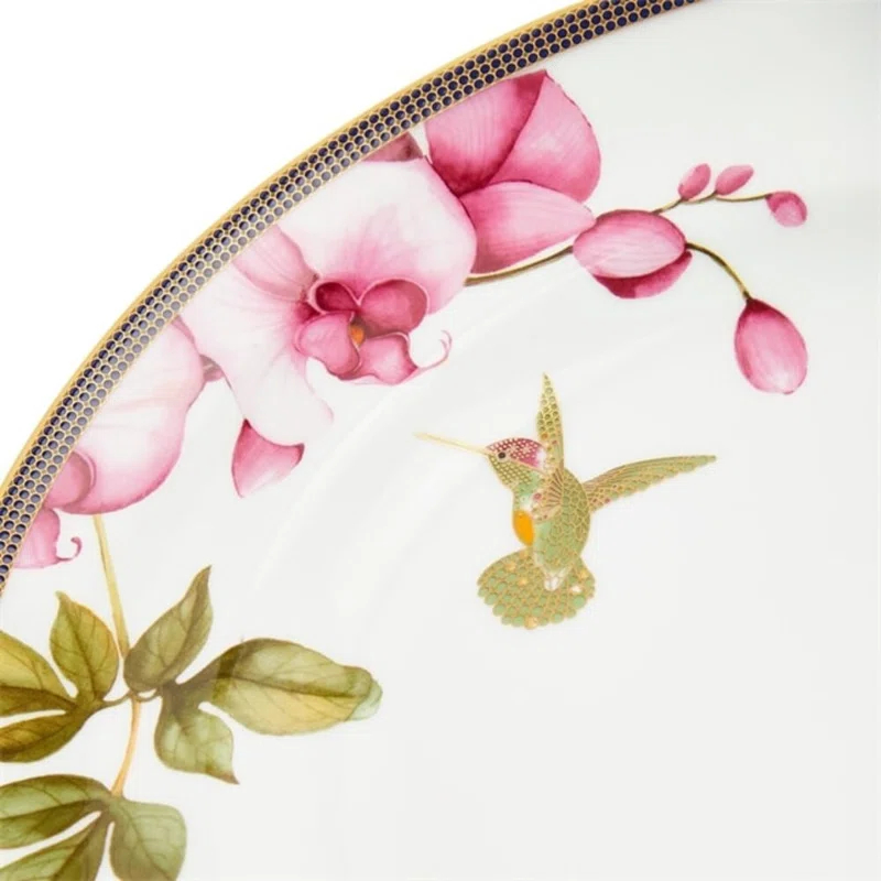 Hummingbird Floral Ceramic Oval Platter with Gold Accent