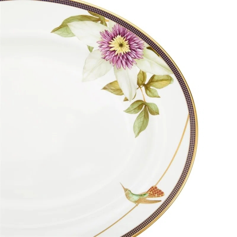 Hummingbird Floral Ceramic Oval Platter with Gold Accent