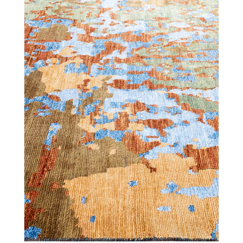 Hand-Knotted Blue and Green Wool Silk Medallion Rug, 8' x 10'