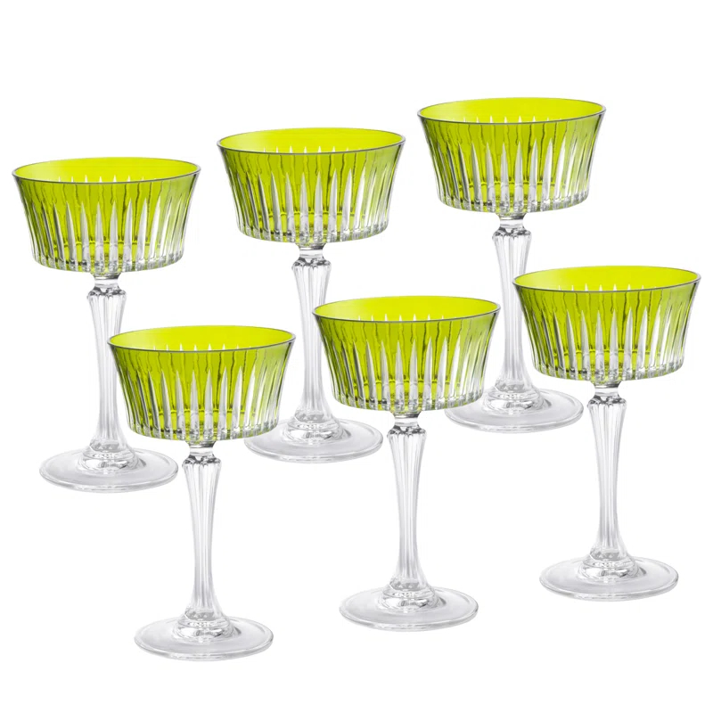 Green European Crystal Champagne Coupe Glasses, Set of 6