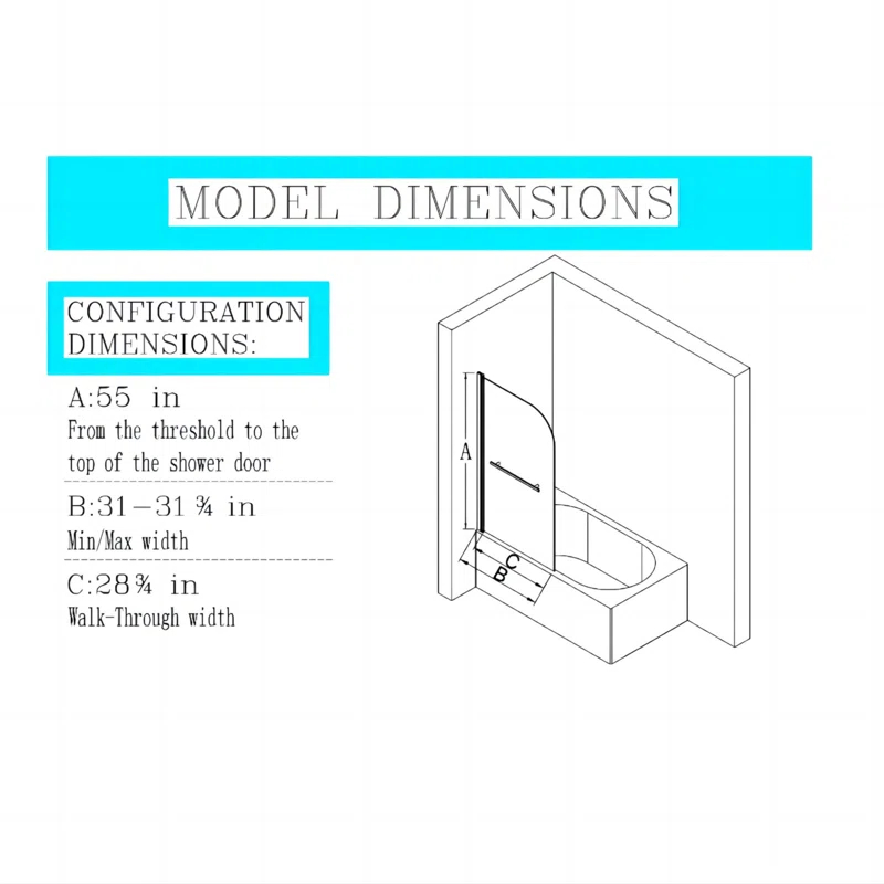 31"W x 55"H Frameless Folding Pivot Shower Tub Door Reversible Installation