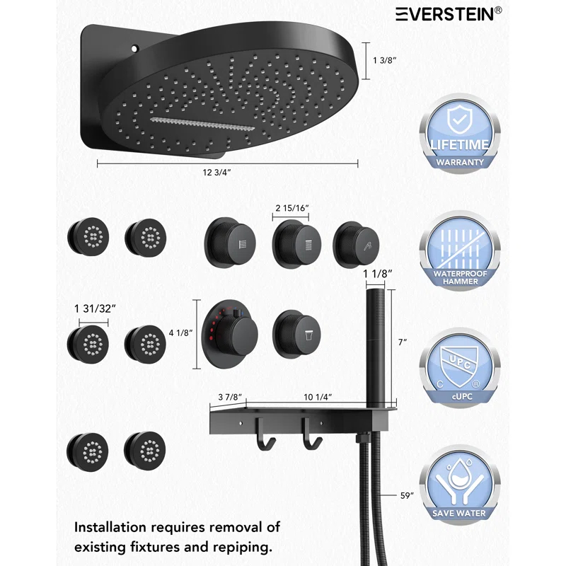 Wall Mounted Dual Thermostatic Shower Shower Faucet Set ,Waterfall & Rainfall Shower Head with Rough-In Valve