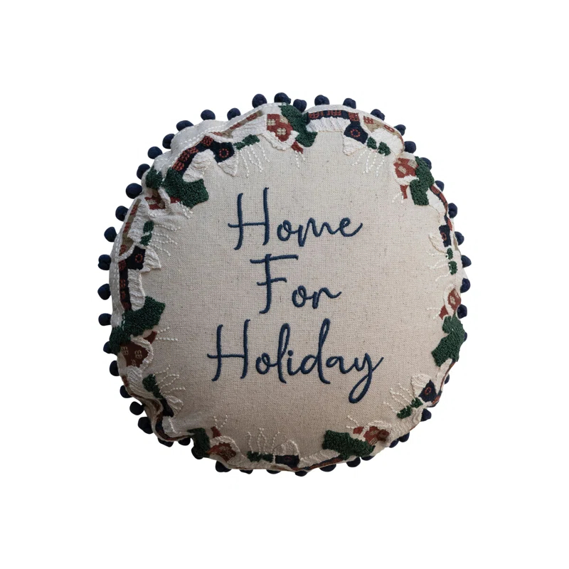 Multicolor Embroidered Cotton Blend Round Holiday Pillow