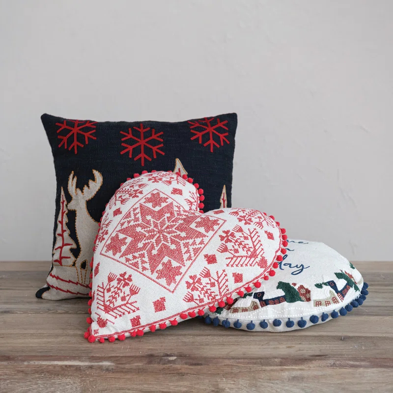 Multicolor Embroidered Cotton Blend Round Holiday Pillow