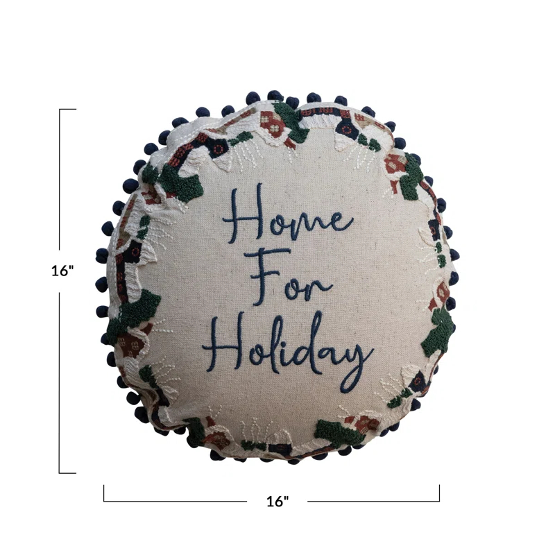 Multicolor Embroidered Cotton Blend Round Holiday Pillow