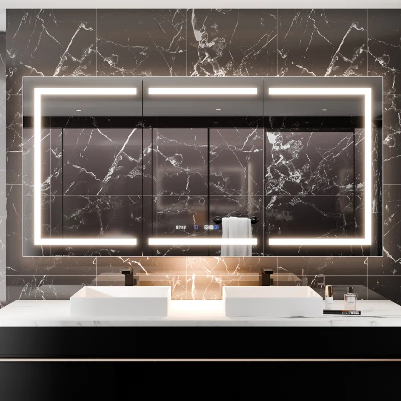 MEDUNJESS 72''x36'' Surface or Recessed Mount LED Medicine Cabinet with Mirror and Defogger 3 doors Medicine Cabinet