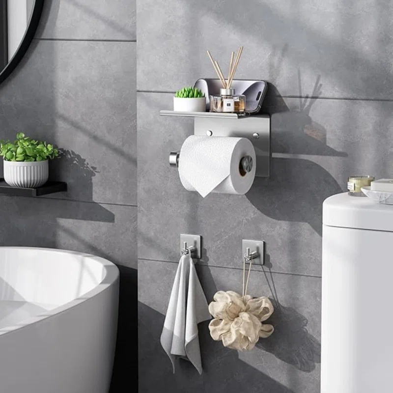 Toilet Paper Holder with Phone Shelf and Towel Robe Hooks