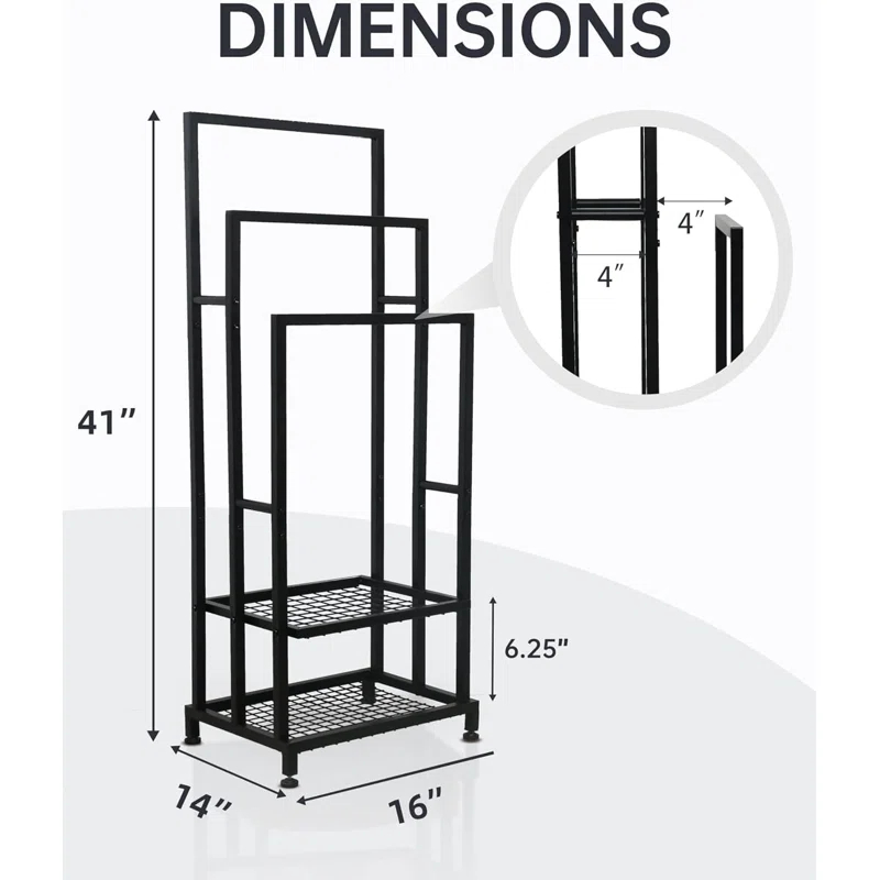 Black 41" H Free Standing 3 Tier Blanket Rack with 2 Storage Shelves - Anti-Rust Towel Rack for Bathroom, Outdoor, Bath & Pool (41"x16"x12")