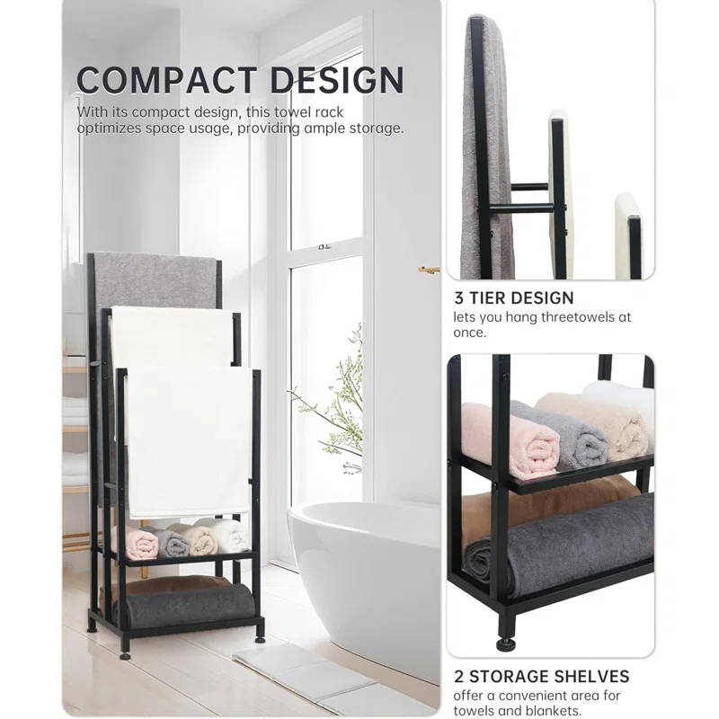 Black 41" H Free Standing 3 Tier Blanket Rack with 2 Storage Shelves - Anti-Rust Towel Rack for Bathroom, Outdoor, Bath & Pool (41"x16"x12")