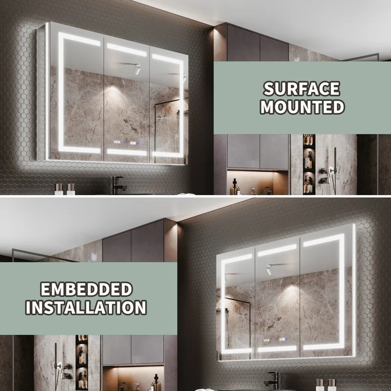 MEDUNJESS 72''x36'' Surface or Recessed Mount LED Medicine Cabinet with Mirror and Defogger 3 doors Medicine Cabinet