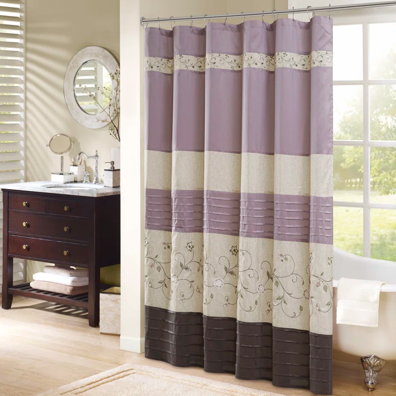 Madison Park Serene Faux Silk Embroidered Floral Shower Curtain