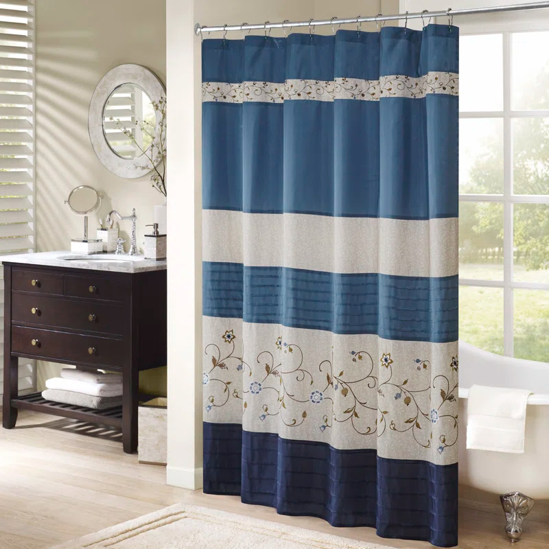 Monroe Embroidered Floral Shower Curtain Navy - Madison Park: 100% Polyester, Faux Silk, Machine Washable