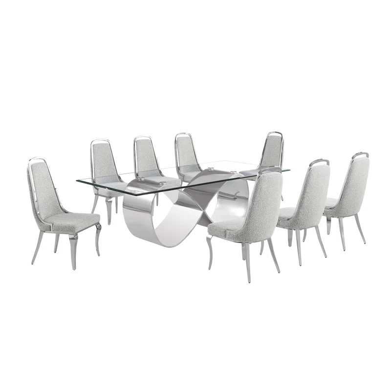 Tempered Glass Dining Set With Boucle Fabric Side Chairs