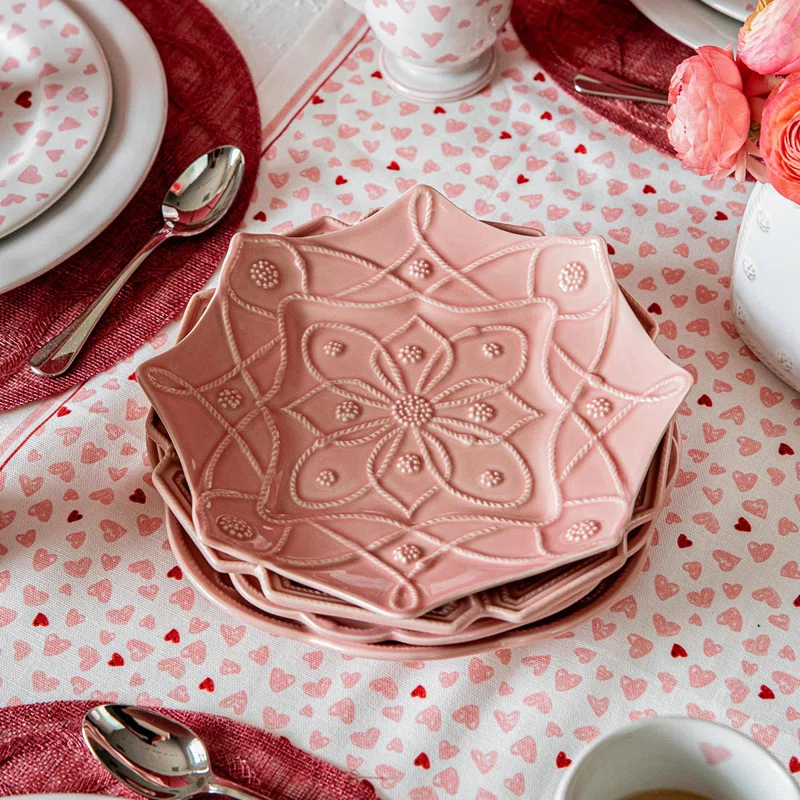 Handcrafted Blush Ceramic Floral Pattern Dessert/Salad Plates Set of 4