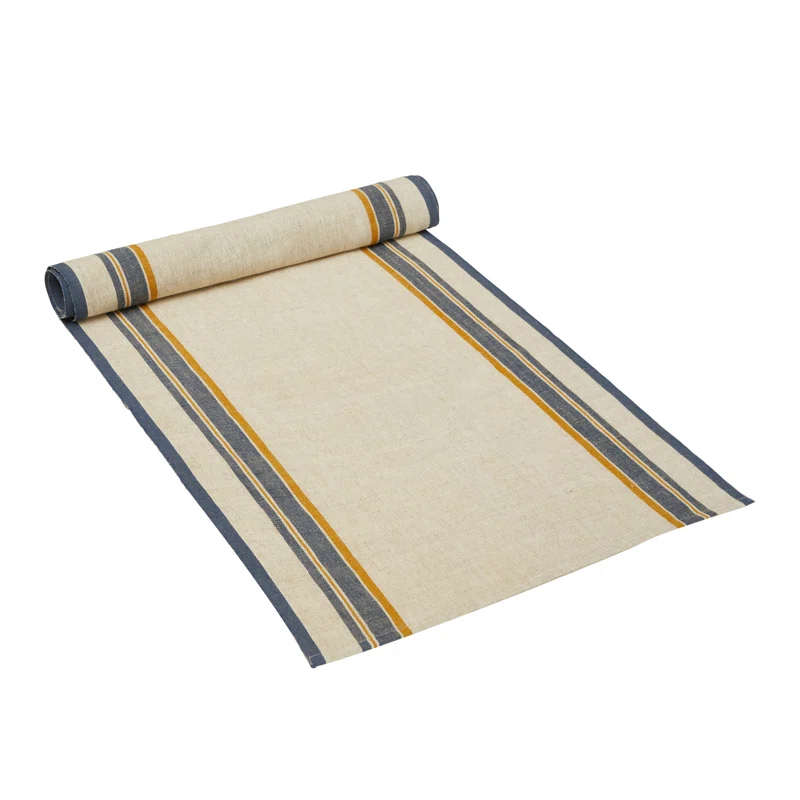 Natural and Blue Cotton Linen French Country Table Runner