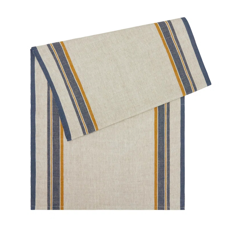 Natural and Blue Cotton Linen French Country Table Runner