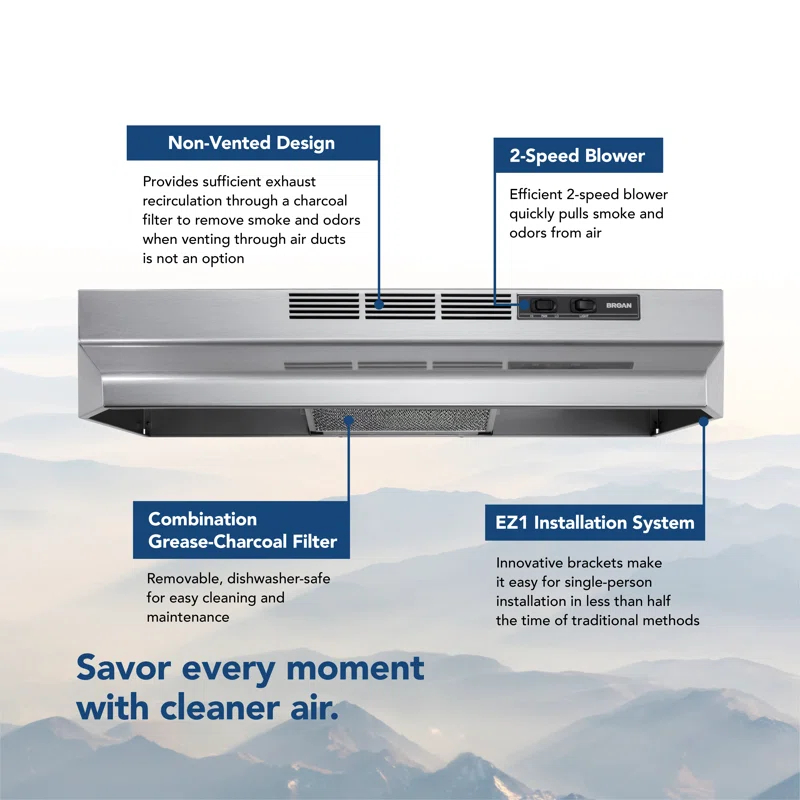 Broan NuTone Broan® 30-Inch Ductless Under-Cabinet Range Hood w/ Easy Install System, Stainless Finish BUEZ130SF