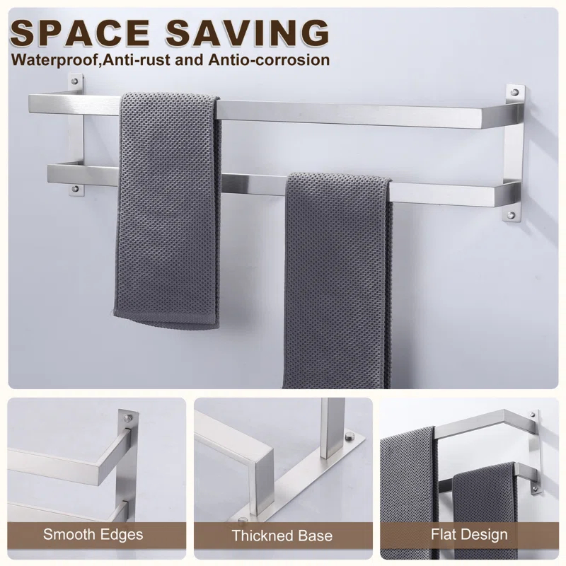 2-Tier Stainless Steel Wall Mounted Square Towel Rack With Concealed Mounting Hardware Staggered Two Rod Towel Rack