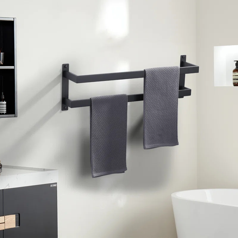 2-Tier Stainless Steel Wall Mounted Square Towel Rack With Concealed Mounting Hardware Staggered Two Rod Towel Rack