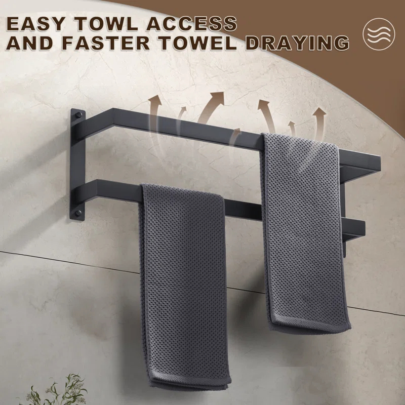 2-Tier Stainless Steel Wall Mounted Square Towel Rack With Concealed Mounting Hardware Staggered Two Rod Towel Rack