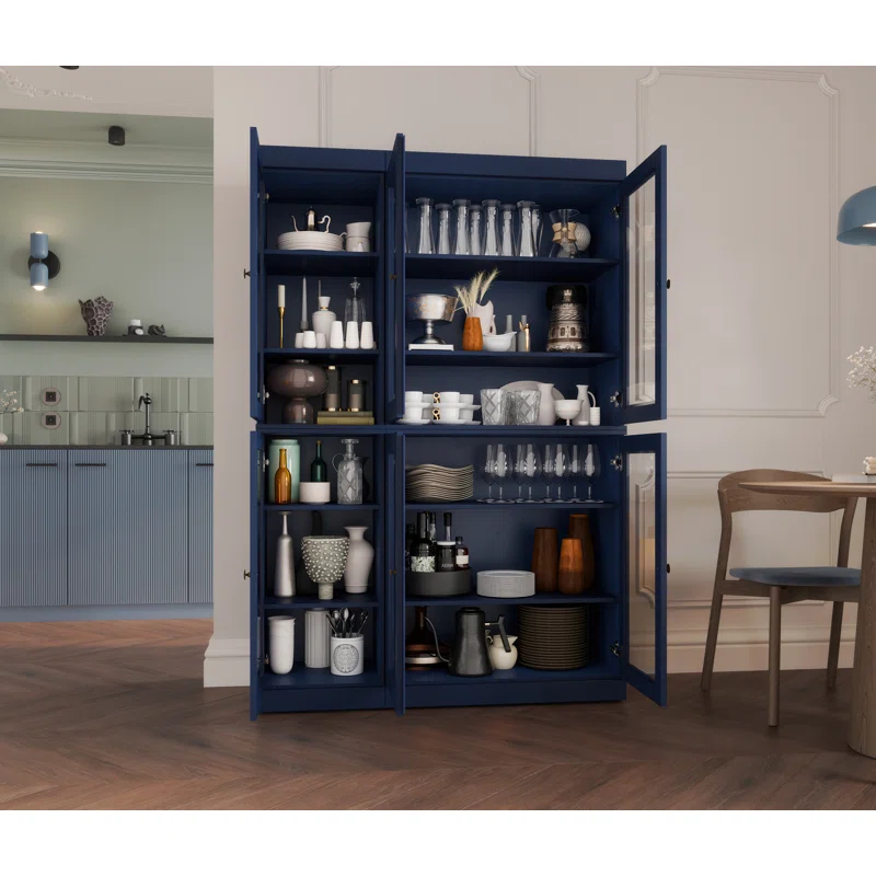100% Solid Wood 48.5" Pantry China Cabinet with Clear Glass Doors and Adjustable Shelves