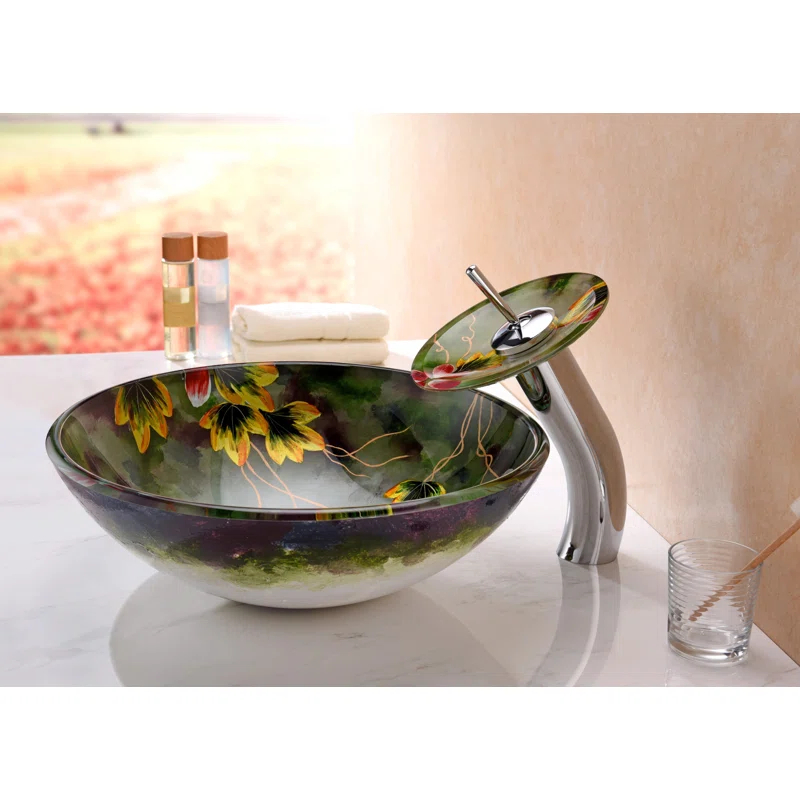ANZZI Impasto 15.5'' Green Tempered Glass Circular Bathroom Sink with Faucet