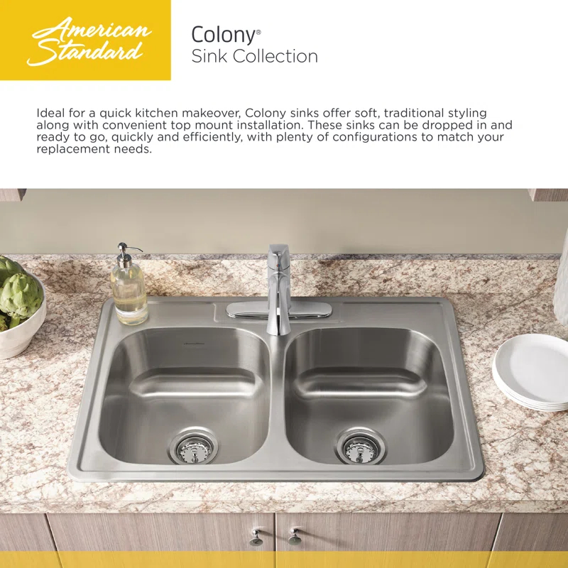 Colony 33'' L Drop-In Double Bowl Stainless Steel Kitchen Sink