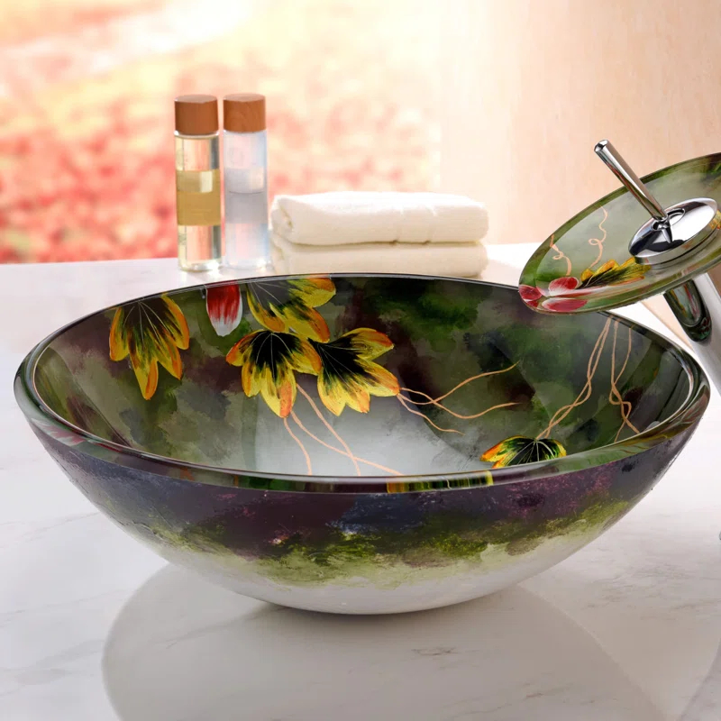ANZZI Impasto 15.5'' Green Tempered Glass Circular Bathroom Sink with Faucet