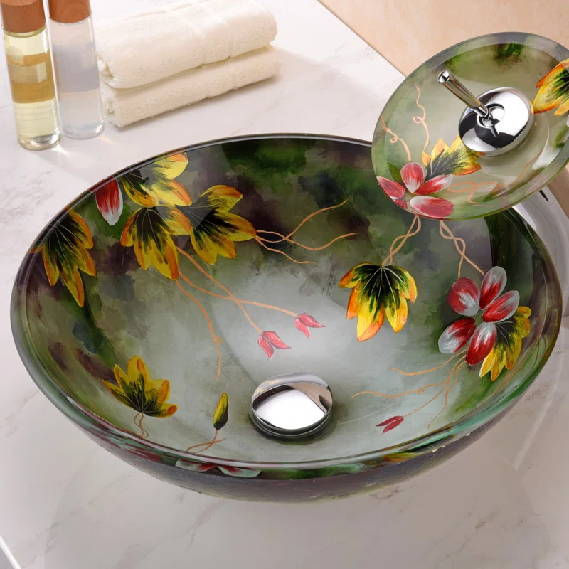 ANZZI Impasto 15.5'' Green Tempered Glass Circular Bathroom Sink with Faucet