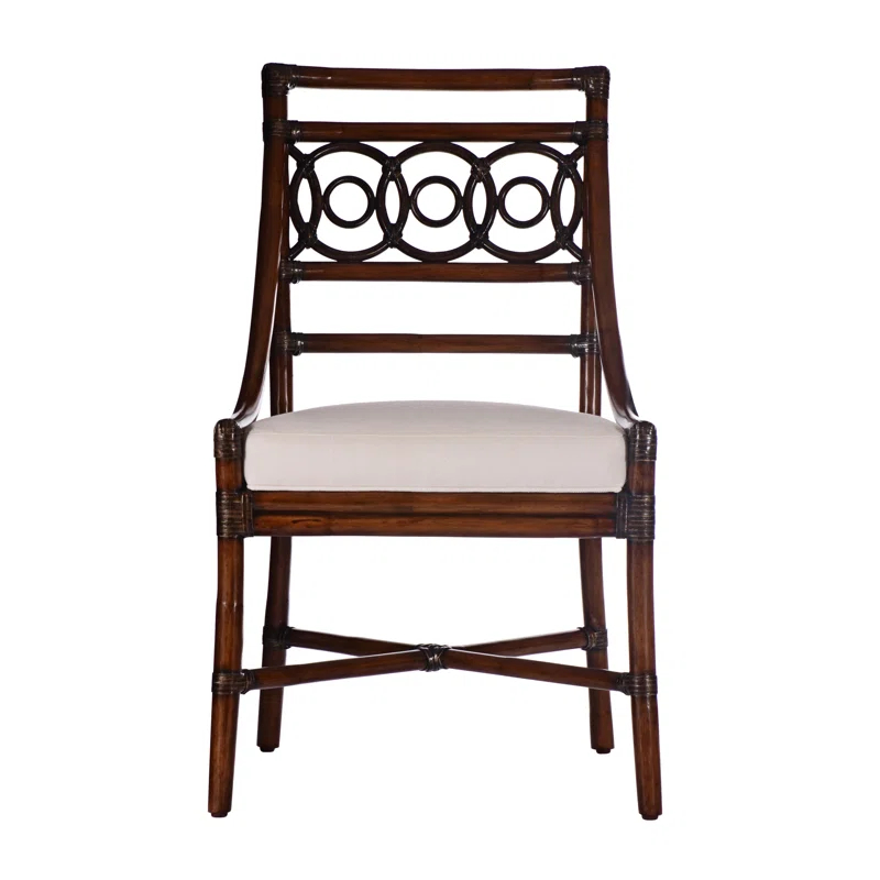 Ebonized Black Rattan Ladderback Side Chair with Linen Upholstery