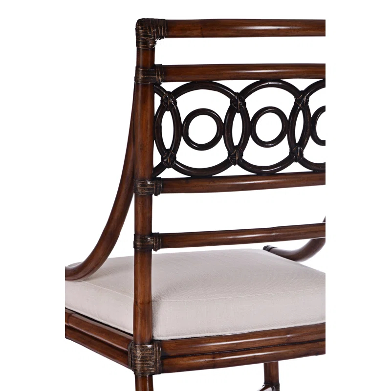 Ebonized Black Rattan Ladderback Side Chair with Linen Upholstery