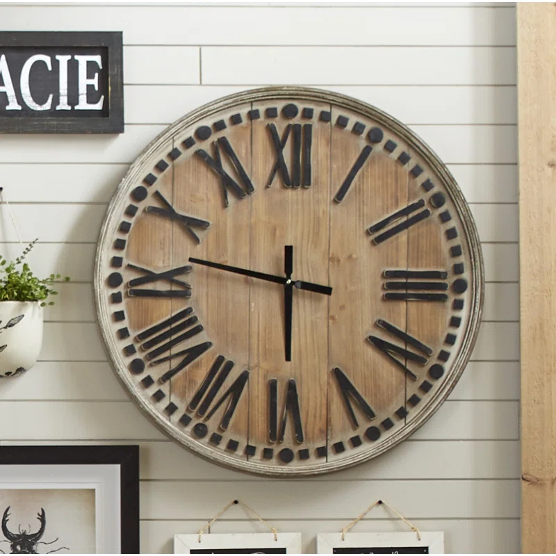 Vintage Firwood and MDF Oversized Wall Clock with Roman Numerals
