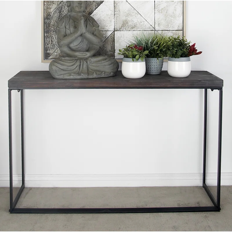 Union Rustic Corneau Wood Minimalistic Dark Brown Console Table with Black Metal Legs