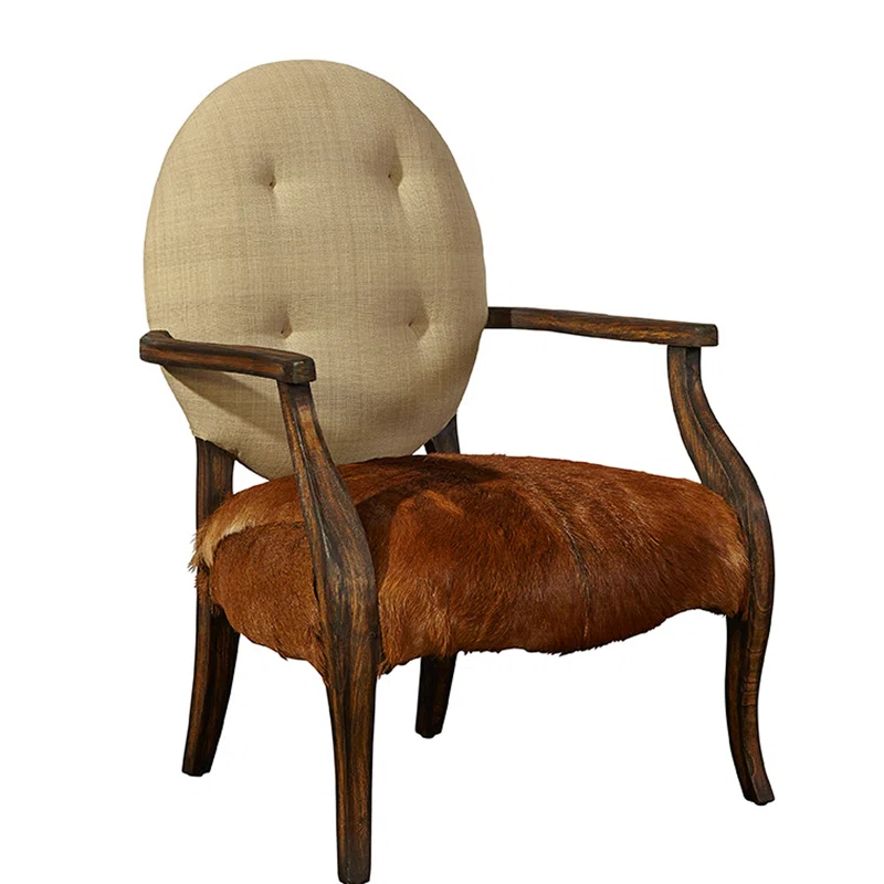 Oak Chestnut Arm Chair with Linen and Hide Upholstery