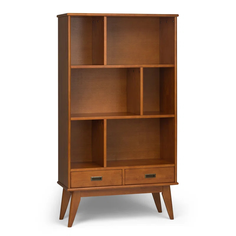 Simpli Home Draper 35"W Solid Hardwood 6 Shelf Compartment Mid-Century Modern Wide Bookcase with 2 Drawers