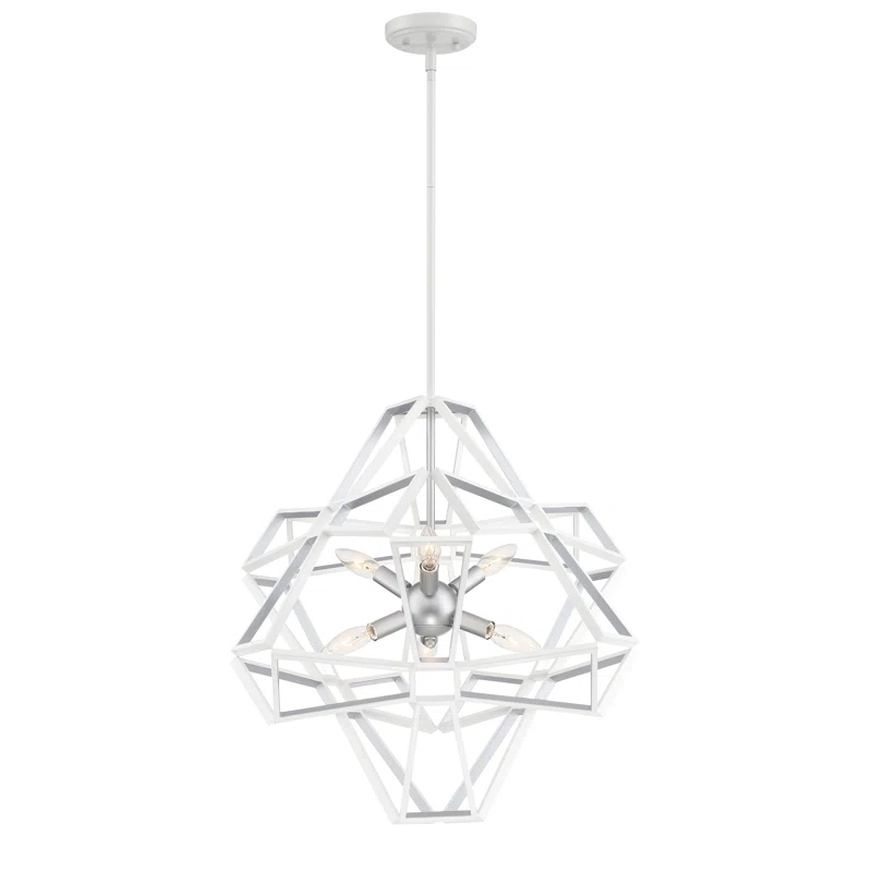 White Crystal Candle 6-Light Chandelier with Silver Leaf