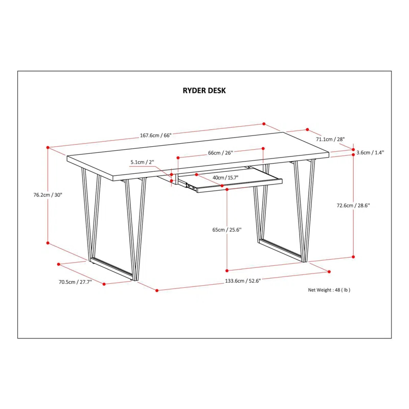 Simpli Home Ryder 66"W Solid Wood Desk, Industrial Contemporary Style with Keyboard Tray and V-Design Metal Base