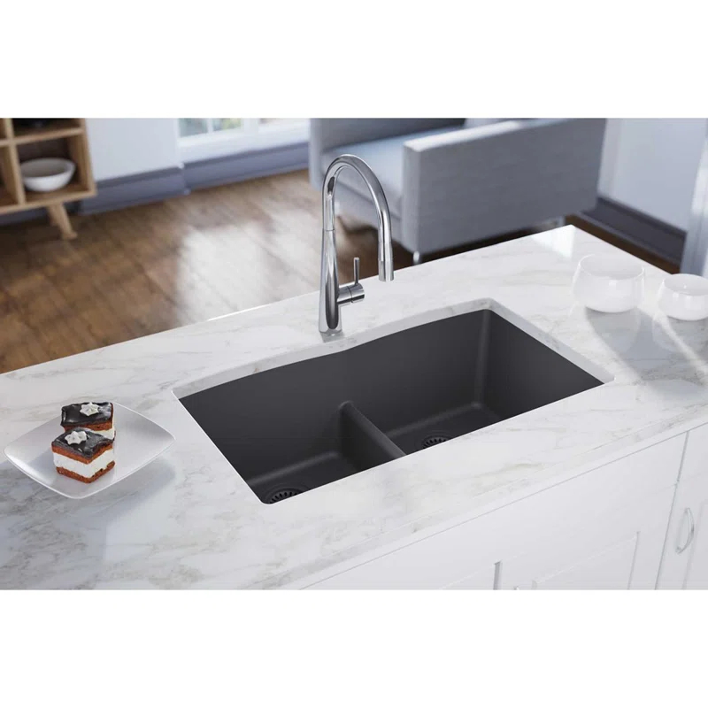 Quartz Luxe 33" L x 19" W Double Basin Undermount Kitchen Sink with Aqua Divide