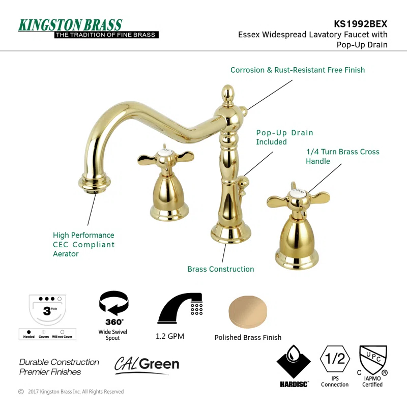 Kingston Brass Essex Two-Handle 3-Hole Deck Mount Widespread Bathroom Faucet with Brass Pop-Up Drain