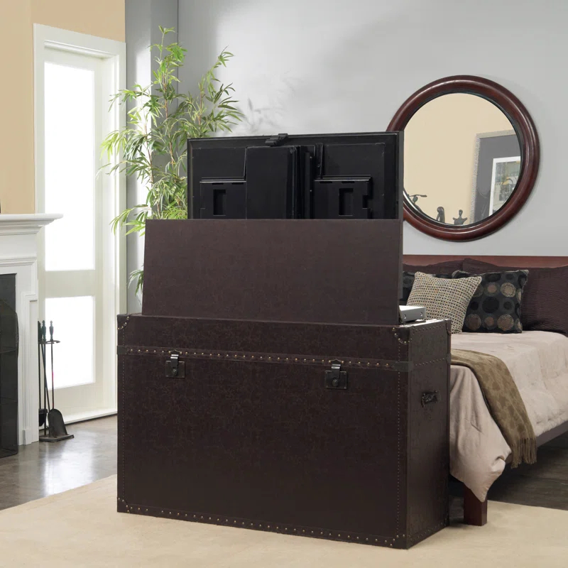 Ellis Trunk Motorized TV Lift Cabinet - Leather-Wrapped TV Stand for up to 46 Inch Wide TV