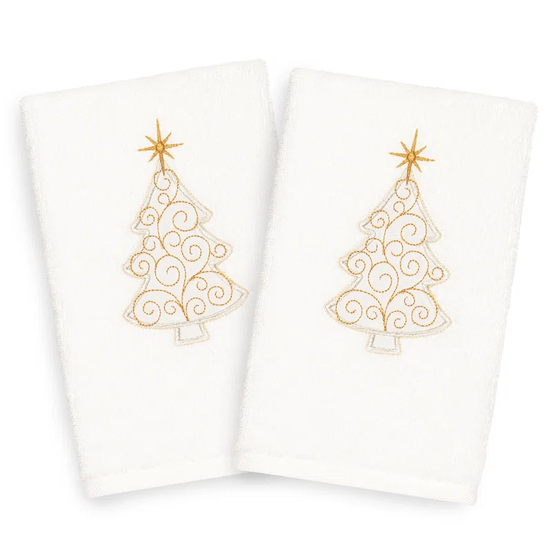 Christmas Scroll Tree Embroidered Luxury Turkish Cotton Hand Towel (Set of 2)