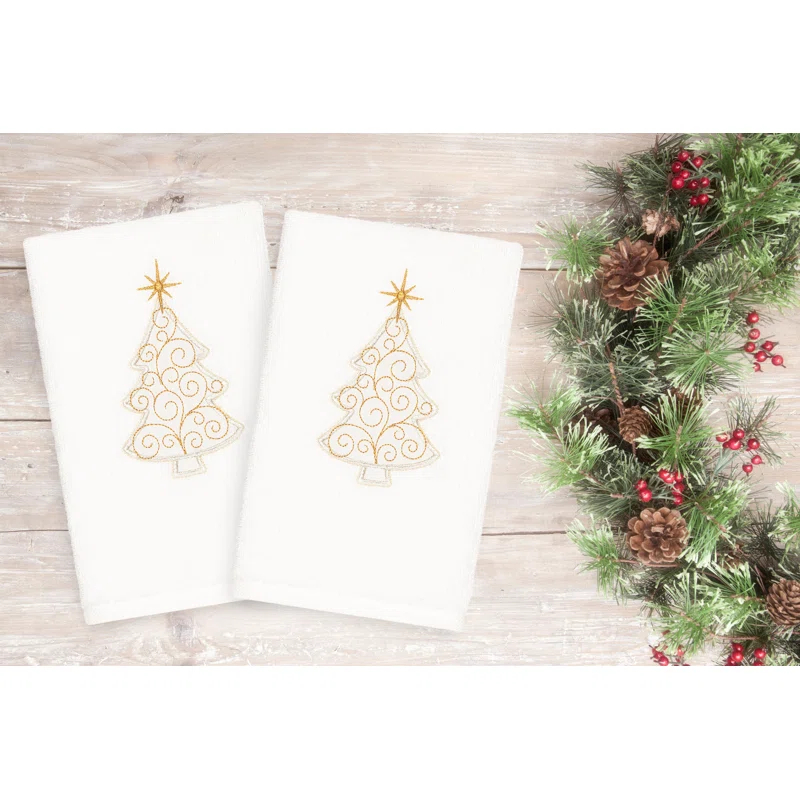 Christmas Scroll Tree Embroidered Luxury Turkish Cotton Hand Towel (Set of 2)