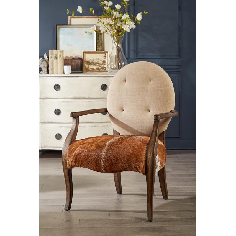 Oak Chestnut Arm Chair with Linen and Hide Upholstery