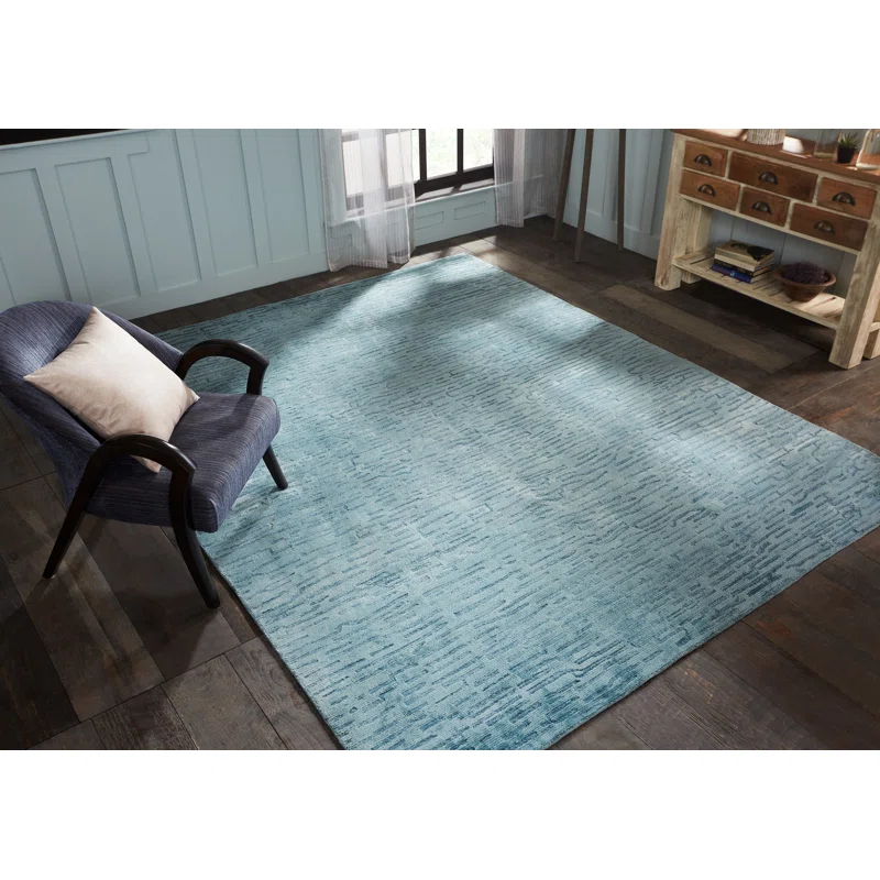 Aegean Blue Geometric Wool and Viscose Area Rug