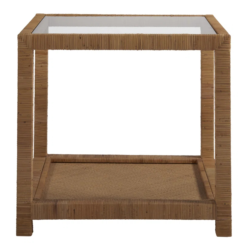 Coastal Charm 26" Brown Rattan and Glass Square End Table