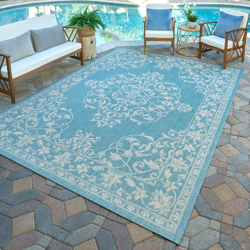 Gertmenian Paseo Ryoan Oasis Blue Traditional Floral Medallion Flatweave Indoor/Outdoor Area Rug